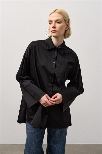 Siyah Pamuk Saten Oversize Gömlek