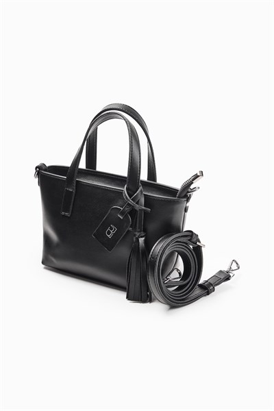 Siyah Püskül Detaylı Mini Tote Çanta