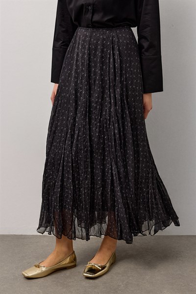 Siyah Şifon Desenli Etek