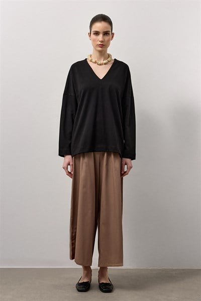 Siyah V Yaka Uzun Kollu Basic T-Shirt
