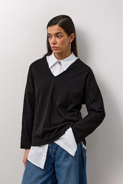 Siyah V Yaka Uzun Kollu Basic T-Shirt