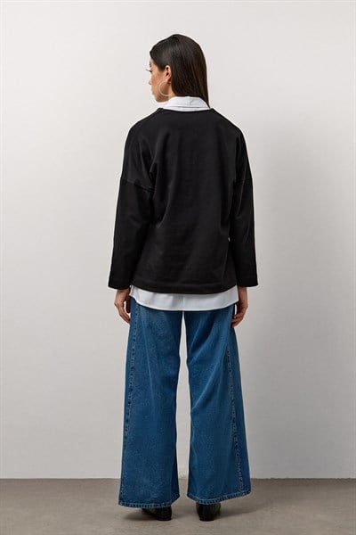 Siyah V Yaka Uzun Kollu Basic T-Shirt