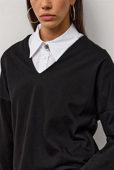 Siyah V Yaka Uzun Kollu Basic T-Shirt