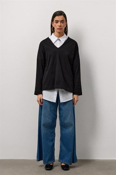 Siyah V Yaka Uzun Kollu Basic T-Shirt