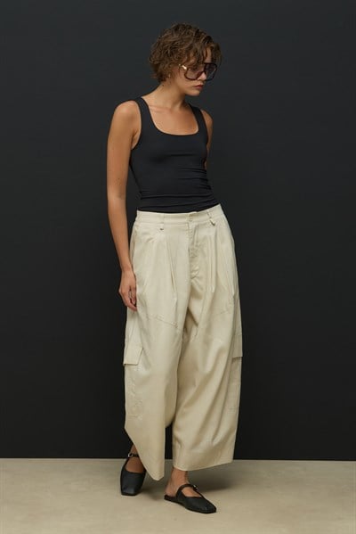 Taş Kargo Cepli Crop Keten Pantolon