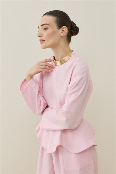 Toz Pembe Hakim Yaka Peplum Keten Bluz