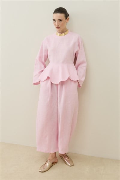 Toz Pembe Hakim Yaka Peplum Keten Bluz