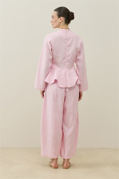 Toz Pembe Hakim Yaka Peplum Keten Bluz