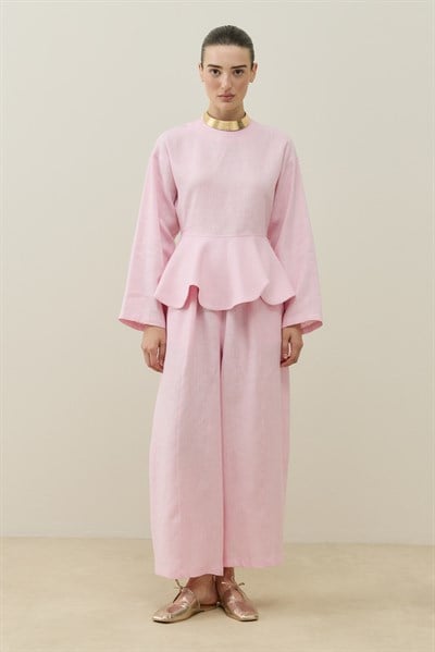 Toz Pembe Hakim Yaka Peplum Keten Bluz