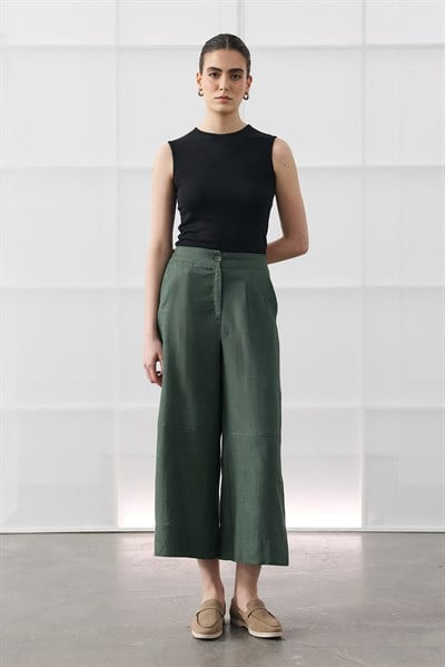 Yeşil Kesik Detaylı Crop Keten Pantolon