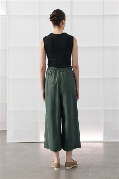 Yeşil Kesik Detaylı Crop Keten Pantolon