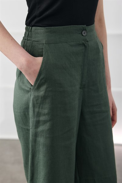 Yeşil Kesik Detaylı Crop Keten Pantolon