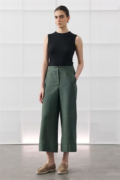 Yeşil Kesik Detaylı Crop Keten Pantolon