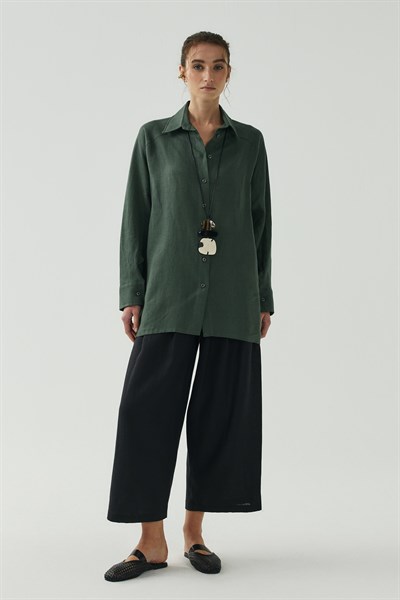 Yeşil Oversize Basic Keten Gömlek
