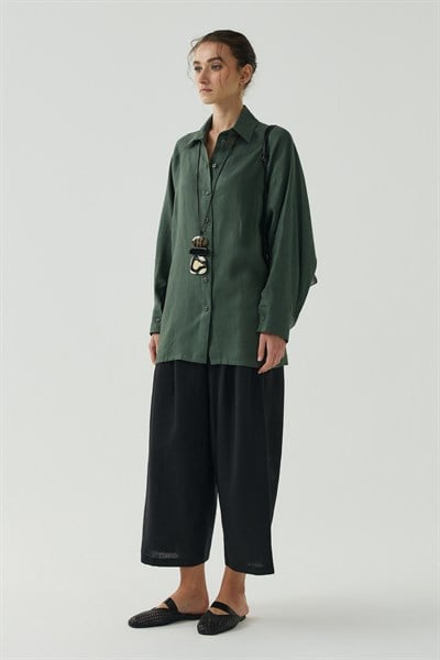 Yeşil Oversize Basic Keten Gömlek