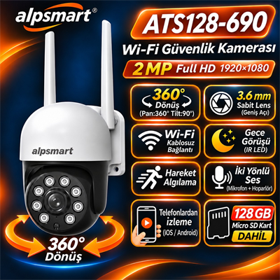 Alpsmart ATS128-690 128GB Hafıza Kartlı 2MP Full HD 360° Derece Dönebilen Wi-Fi Akıllı Güvenlik Kamerası  Cep Telefonunuzdan Tam Kontrol