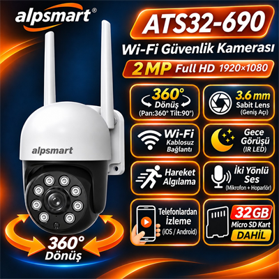 Alpsmart ATS32-690 32GB Hafıza Kartlı 2MP Full HD 360° Derece Dönebilen Wi-Fi Akıllı Güvenlik Kamerası  Cep Telefonunuzdan Tam Kontrol