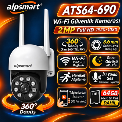 Alpsmart ATS64-690 64GB Hafıza Kartlı 2MP Full HD 360° Derece Dönebilen Wi-Fi Akıllı Güvenlik Kamerası  Cep Telefonunuzdan Tam Kontrol
