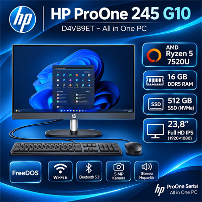 HP Proone 245 G10 D4VB9ET Ryzen 5 7520U 16GB 512GB SSD 23.8 Freedos