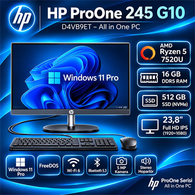 HP Proone 245 G10 D4VB9ET Ryzen 5 7520U 16GB 512GB SSD 23.8 W11 PRO ATS61 