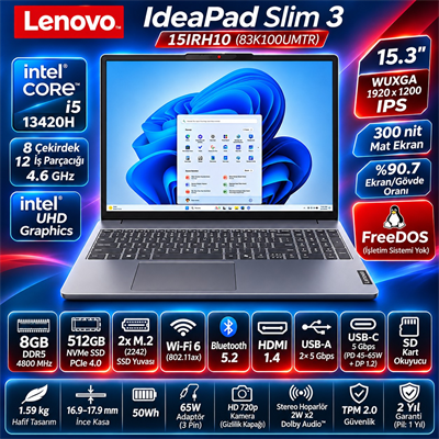 Lenovo Ideapad Slim 3 83K100UMTR i5-13420H 8GB 512 SSD 15.3
