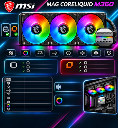 MSI MAG CORELIQUID M360 360mm ARGB Sıvı İşlemci Soğutucu | LGA1851/LGA1700/AM5, 3x120mm PWM Fan, Siyah