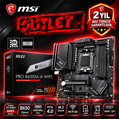 MSI Pro B650M-A Wi-fi AM5 DDR5 6400 Mhz Hdmi DP M.2 AMD B650 DDR5 MATX Anakart