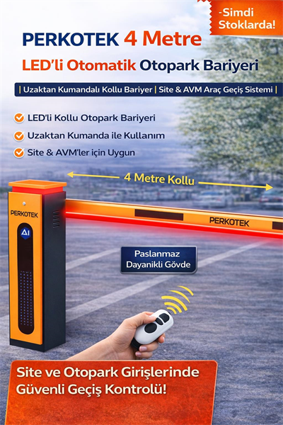 PERKOTEK 4 Metre LED’li Otomatik Otopark Bariyeri | Uzaktan Kumandalı Kollu Bariyer | Site & AVM Araç Giriş Sistemi