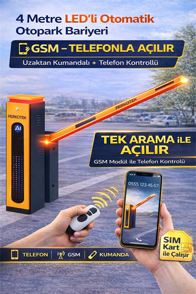 PERKOTEK 4 Metre LED’li Otomatik Otopark Bariyeri | GSM Telefonla Açma | Uzaktan Kumandalı Kollu Bariyer