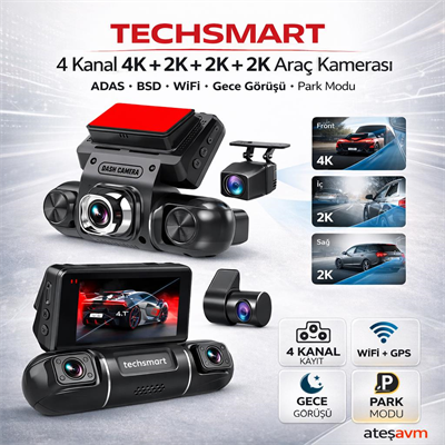 TECHSMART 4 Kanal Araç Kamerası 4K + 2K Yan Kameralı | WiFi GPS ADAS BSD Gece Görüş Dashcam