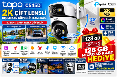 TP-Link Tapo C545D-128GB 2K Çift Lensli Dış Mekân Güvenlik Kamerası | Telefoto Lens | 360° Dönüş | Yapay Zekâ Takip Gece Görüşü | IP66 |  Wi-Fi | 2 Yönlü Ses | 128 GB microSD Kart Dahil