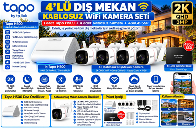 TP-Link Tapo H500320SW Akıllı Ev Merkezi Yapay Zekâ Destekli, Hareket Algılama, 2K QHD 3MP, 30 Metre Gece Görüşü, IP66, 16 GB + 480 GB SSD  4’lü Dış Mekân Kablosuz Wi-Fi Güvenlik Kamera Seti 