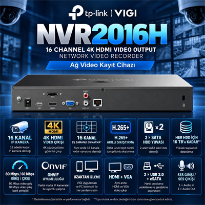 TP-Link VIGI 16K-NVR2016H 16 Kanal 4K HDMI, IP Kamera NVR Ağ Video Kayıt Cihazı
