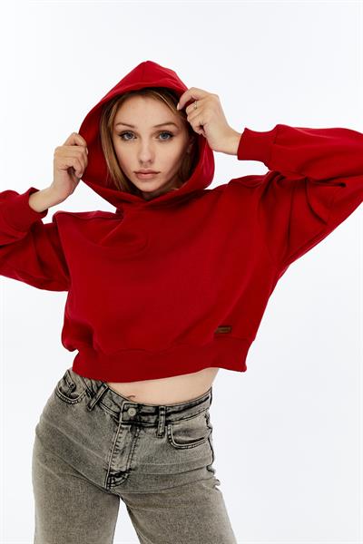Kadın Kırmızı Kapüşonlu Içi Pamuklu Oversize Basic Sweatshirt