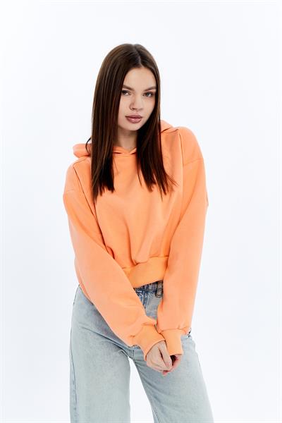 Kadın Somon Kapüşonlu Içi Pamuklu Oversize Basic Sweatshirt