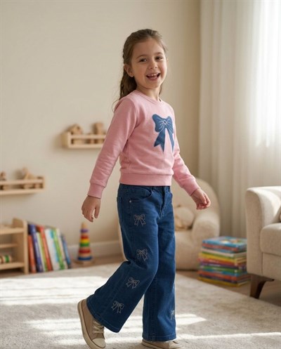 Kız Çocuk TakımKız Çocuk İkili Takım - Taşlı Fiyonk Detaylı Sweatshirt ve Taşlı Pantolon Pembe