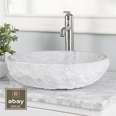 Beyaz Mermer Doğal Patlatma Oval Mini Lavabo