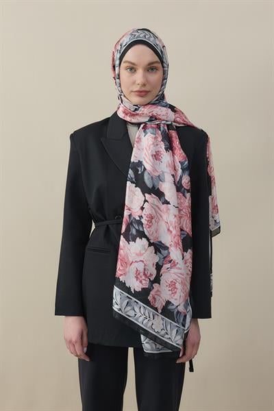 Gül Desen İpek Vual Şal Pembe