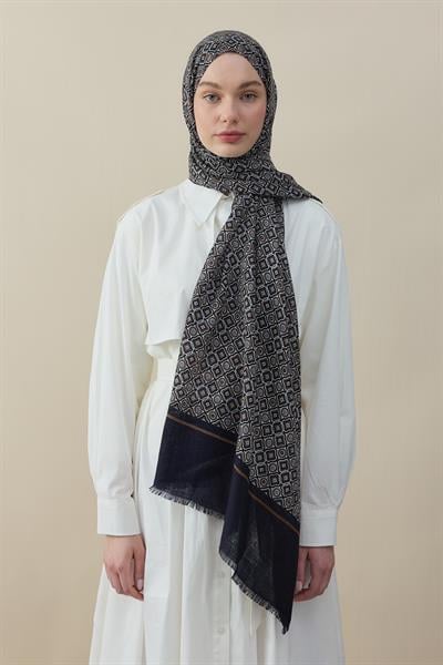 Navy Motif Yün İpek Şal Beden;Standart