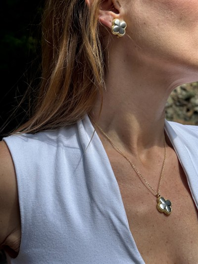 Blanche Altın Kaplama Dokulu Çelik Sedef Yonca Charm Kolye ve Küpe Set