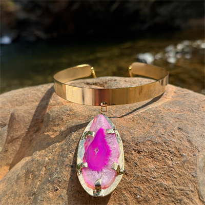Nüve Pembe Akik Doğal Taş Koleksiyonu Choker Altın Kaplama Kolye