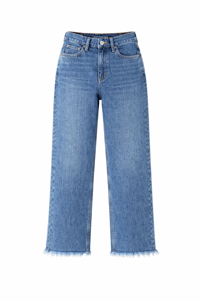 Orta Mavi Straight Jean | Yüksek Bel Kesik Paça
