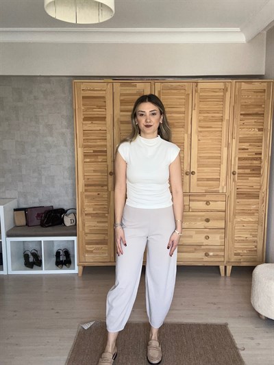 Beli Lastikli Taş Rengi Balon Pantolon