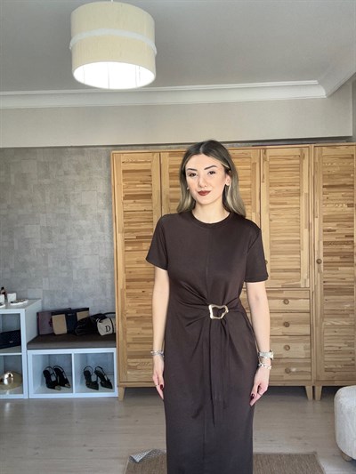 Gold Tokalı Kahverengi Elbise