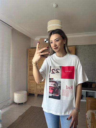 Kırmızı Baskılı Oversize T-shirt