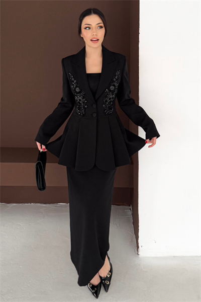 El İşlemeli Volanlı Blazer Etekli İkili Takım