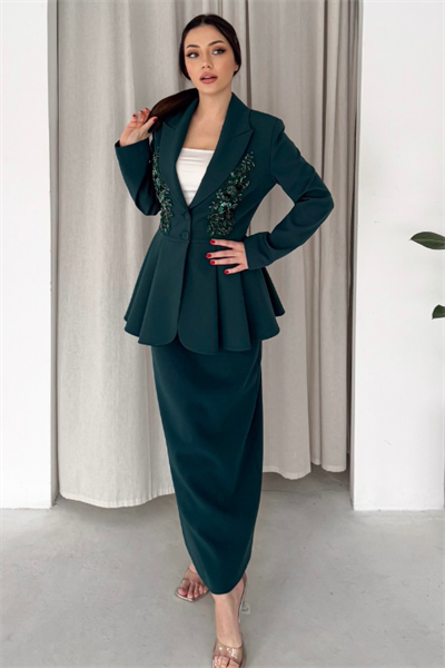 El İşlemeli Volanlı Blazer Etekli İkili Takım