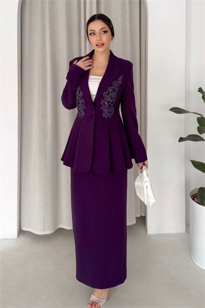 El İşlemeli Volanlı Blazer Etekli İkili Takım