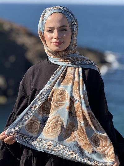 Rose Desen Hint İpeği Şal - Bebe Mavi