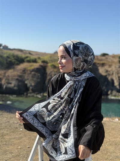 Rose Desen Hint İpeği Şal - Siyah